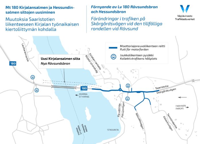 Kirjalan työnaikaisen kiertoliittymän kohdalla tehdään muutoksia liikennejärjestelyihin. Muutokset tulevat käyttöön maanantaista 29.7. lähtien. Kuva: Väylävirasto.