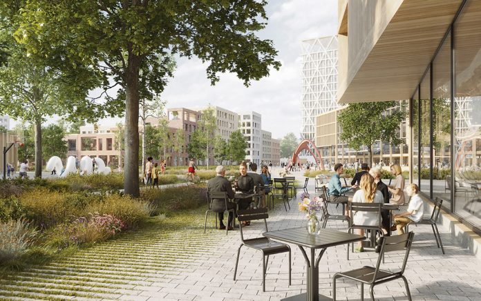 Raisio Puistojen kaupunki kahvilanakyma LUO Arkkitehdit havainnekuva web Raision kaupunkikeskustan kehittämiseksi avatun kutsukilpailun voittajaehdotus Puistojen kaupunki / LUO arkkitehdit Oy, VSU Maisema-arkkitehdit Oy ja WSP Finland.