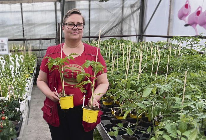 Pirilän Kukkatalo Oy:n Raision myymälävastaava Annika Linkoala esittelee omana tuotantona kasvavia hyötykasveja.