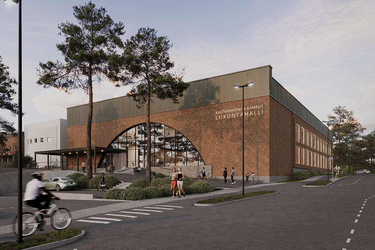 Havainnekuva Kalevanniemen uudesta liikuntahallista. Oikealla Opintie. Havainnekuva: NCC Suomi.