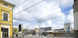 Kaupunkisuunnittelua 12 kilometrin raitiotiellä Turun Kauppatori havainnekuvassa. Kuva: Turun Raitiotieallianssi.
