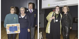 Lionsklubit | Mielenterveysaiheisesta New Voices -tapahtumasta uusia tuulia auttamiseen Minna Riitaharju Mieli Kriisikeskus Turusta vastaanottamassa lahjoitusta Hannele Tanner-Penttilältä ja Jari Järvelältä. Jenna Trogen Mieli Kriisikeskus Turusta ja New Voices -koordinaattori Eija Kesti Lionseista. Kuva: LC Naantali-Raisio.