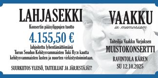 Vaakku Varjuksen muistokonsertin tuotto kehitysvammaisille lapsille Vaakun muistokonsertin lipputulot ohjattiin lasten ja nuorten kehitysvammaisten virkistäytymistoimintaan tapahtumaa myyneen Turun Seudun Kehitysvammaisten Tuki ry:n kautta.