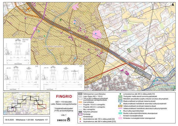 Ympäristövaikutusten arviointiohjelma Lieto – Raisio 400 + 110 kilovoltin voimajohtohanke jakautuu karttaliitteessä seitsemään osaan.