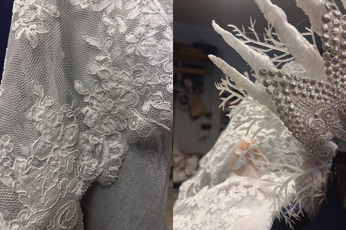 Kurkistus kulisseihin: Yksityiskohtia uudesta Lumikuningatar-puvusta. Kuvat: Marjo Haapasalo.