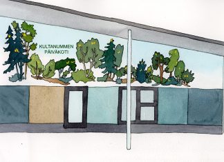 Kultaiset oravat vilistävät Kultanummen päiväkotiin Kultaiset oravat. Havainnekuva: Pive Toivonen.