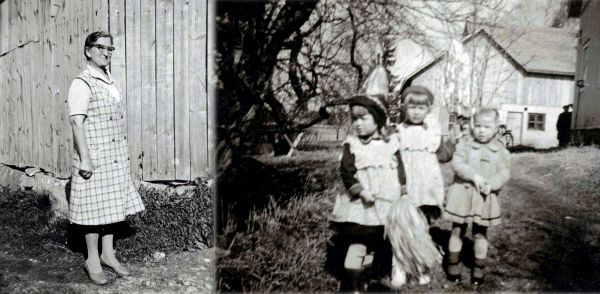 Kuvassa vasemmalla kotiompelijatar Hilja Rindell ja oikealla siskoset Paula, Pirkko ja Riitta isoäidin tekemissä vaatteissa. Kuvat: perheen kotialbumi.