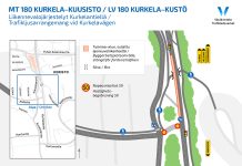 Liikennejärjestelyjä Kaarinan Kurkelantielle ja Saaristotielle Mt 180 Kurkela-Kuusisto-hankkeen liikennejärjestelyt Kurkelantien osalta. Kuva: Väylävirasto.