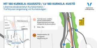 Liikennejärjestelyjä Kaarinan Kurkelantielle ja Saaristotielle Mt 180 Kurkela-Kuusisto-hankkeen liikennejärjestelyt Kurkelantien osalta. Kuva: Väylävirasto.