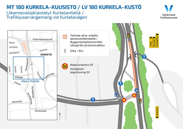 mt180_kuku_liikennejarjestelyt_kurkelantie_web Mt 180 Kurkela-Kuusisto-hankkeen liikennejärjestelyt Kurkelantien osalta. Kuva: Väylävirasto.