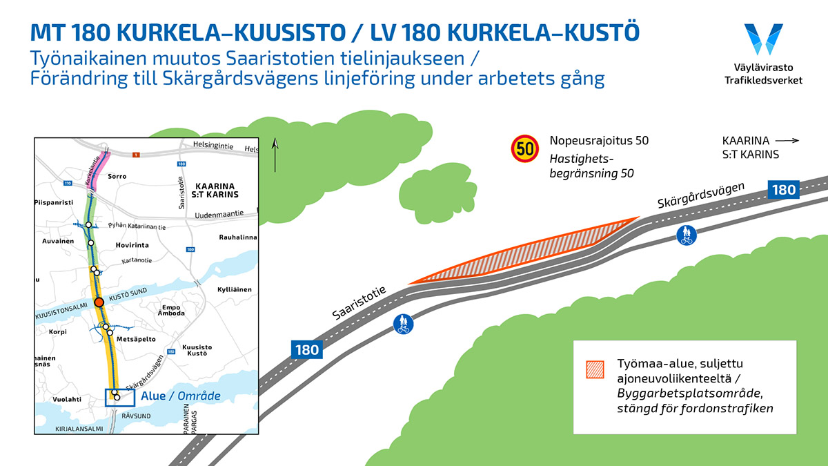 Mt 180 Kurkela-Kuusisto-hankkeen liikennejärjestelyt Saaristotiellä. Kuva: Väylävirasto.