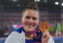 Yleisurheilija Silja Kososta juhlitaan Raisiossa 9. syyskuuta Raision kaupunki ja Kauppakeskus Mylly järjestävät moukarinheiton EM-voittajalle Silja Kososelle kultajuhlat, johon kaikki ovat tervetulleita. Kuva: Suomen Urheiluliitto.