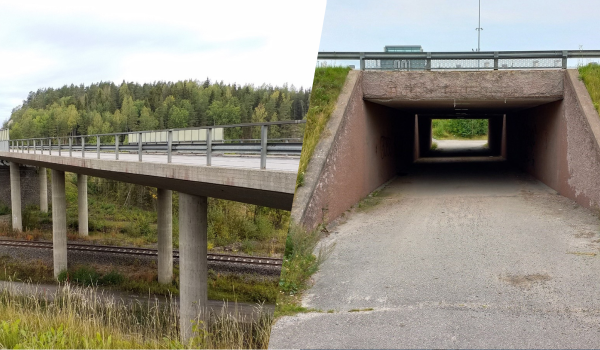 vasemmalla Vehkamäen ykikulkusillat ja oikealla Hoikkalan alikulkukäytävät tiedotteen kuva