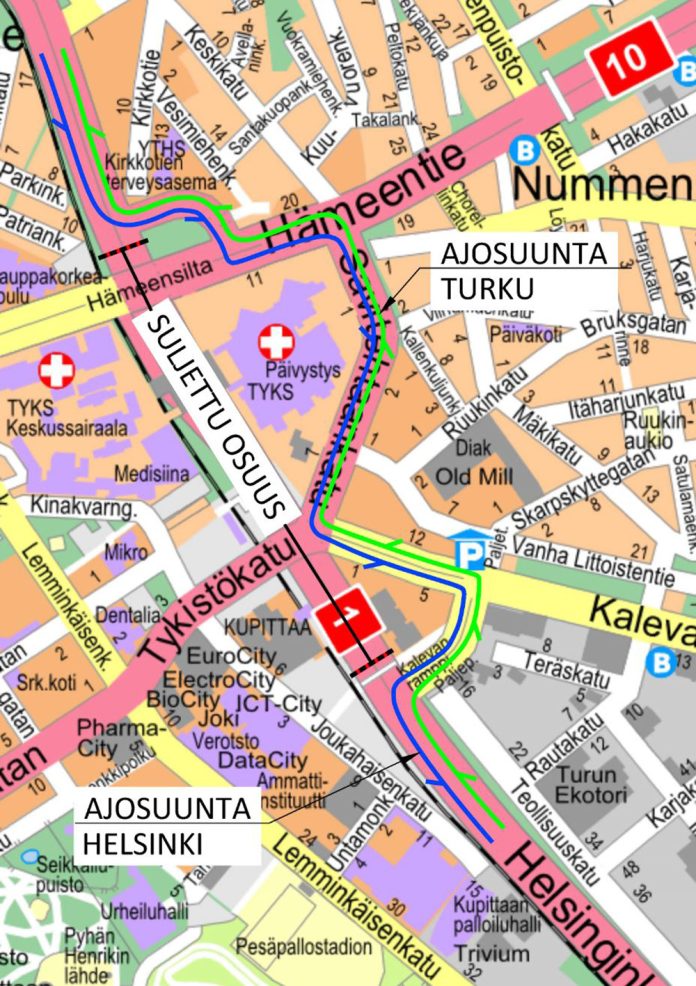 tyks-tunneli-kiertotie-web Turun yliopistollisen keskussairaalan lähellä sijaitseva Helsinginkadun tunneli on suljettu liikenteeltä 21.–22.9. Oheisessa kartassa näkyy kiertotieosuus. Kuva: Turun liikennekeskus.