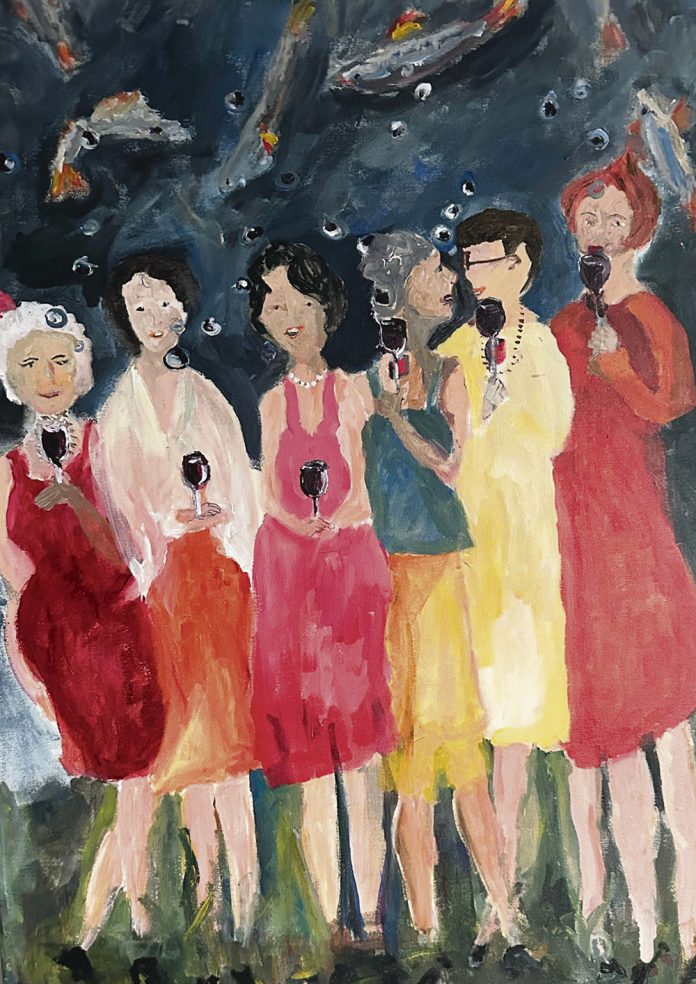 Margot Åbergin Mahdottoman kaiku -näyttelyssä on esillä esimerkiksi tämä Ystävyys kuplii jokaisessa hetkessä -teos.  